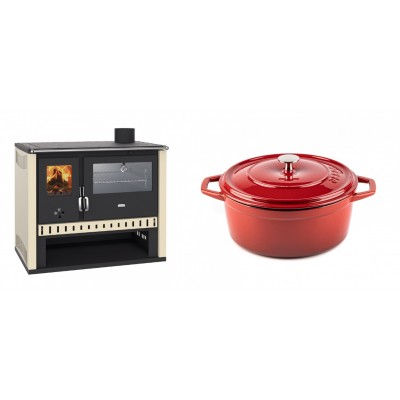 Set Küchenofen / Küchenhexe Prity GT, mit Edelstahlbackofen, Leistung 15 kW + Gusseisen Topf Tiefer Solagio, Rubin, Ф24 - Kaminofen - Holzofen mit Backfach