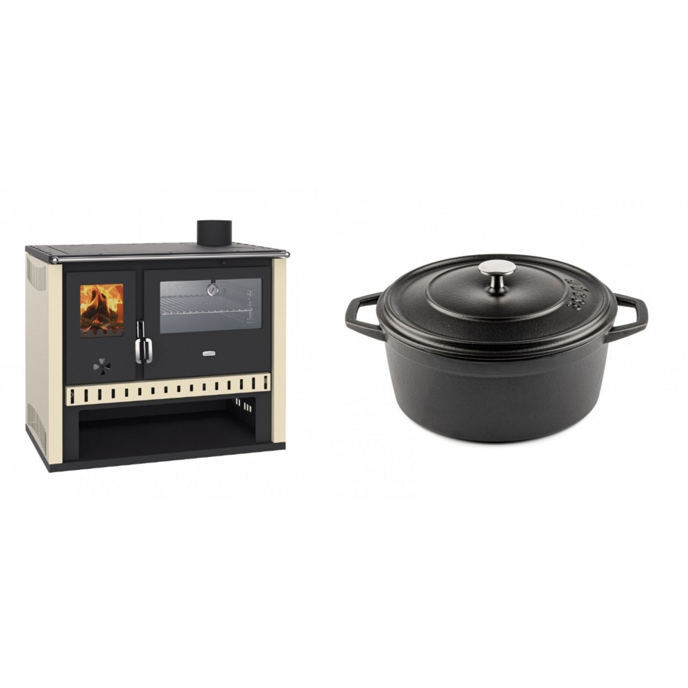 Set Küchenofen / Küchenhexe Prity GT, mit Edelstahlbackofen, Leistung 15 kW + Gusseisen Topf Tiefer Solagio, Black Onyx, Ф24 | Kaminofen - Holzofen mit Backfach | Kaminofen |