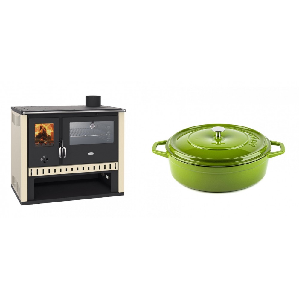 Set Küchenofen / Küchenhexe Prity GT, mit Edelstahlbackofen, Leistung 15 kW + Gusseisen Topf Flach Solagio, Bamboo, Ф26 | Kaminofen - Holzofen mit Backfach | Kaminofen |