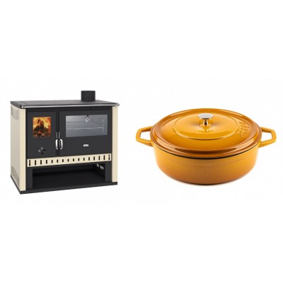 Set Küchenofen / Küchenhexe Prity GT, mit Edelstahlbackofen, Leistung 15 kW + Gusseisen Topf Flach Solagio, Dijon, Ф28 - Kaminofen - Holzofen mit Backfach