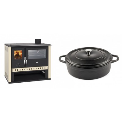 Set Küchenofen / Küchenhexe Prity GT, mit Edelstahlbackofen, Leistung 15 kW + Gusseisen Topf Flach Solagio, Black Onyx, Ф28 - Kaminofen - Holzofen mit Backfach