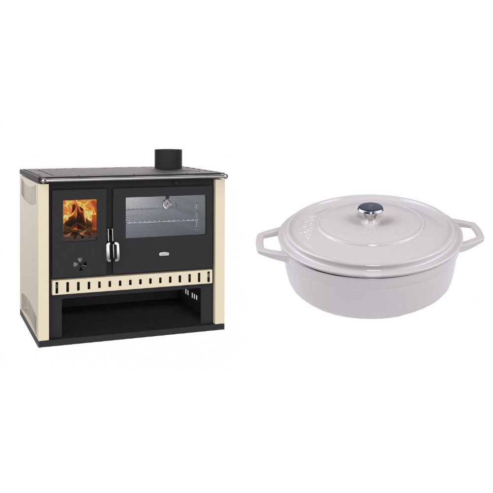 Set Küchenofen / Küchenhexe Prity GT, mit Edelstahlbackofen, Leistung 15 kW + Gusseisen Topf Flach Solagio, Ivory, Ф28