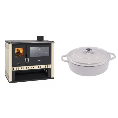 Set Küchenofen / Küchenhexe Prity GT, mit Edelstahlbackofen, Leistung 15 kW + Gusseisen Topf Flach Solagio, Ivory, Ф28 - Kaminofen - Holzofen mit Backfach