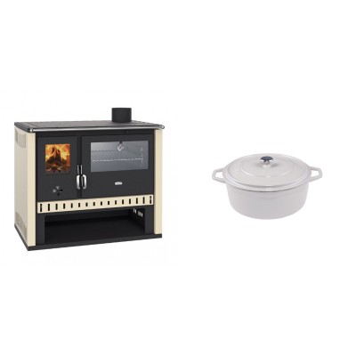 Set Küchenofen / Küchenhexe Prity GT, mit Edelstahlbackofen, Leistung 15 kW + Gusseisen Topf Tiefer Solagio, Ivory, Ф12 - Kaminofen - Holzofen mit Backfach
