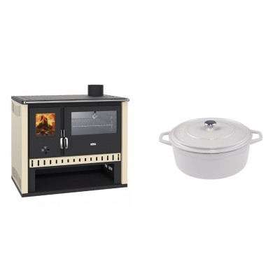 Set Küchenofen / Küchenhexe Prity GT, mit Edelstahlbackofen, Leistung 15 kW + Gusseisen Topf Tiefer Solagio, Ivory, Ф20 - Kaminofen - Holzofen mit Backfach