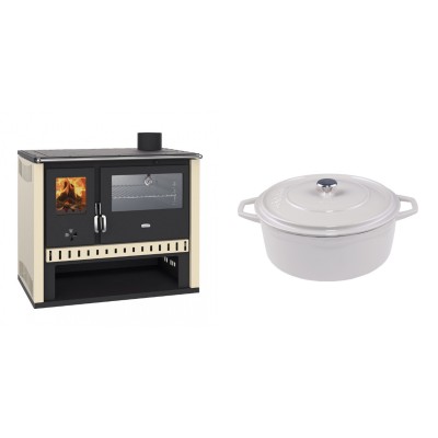 Set Küchenofen / Küchenhexe Prity GT, mit Edelstahlbackofen, Leistung 15 kW + Gusseisen Topf Tiefer Solagio, Ivory, Ф24 - Kaminofen - Holzofen mit Backfach