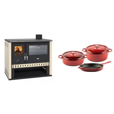 Set Küchenofen / Küchenhexe Prity GT, mit Edelstahlbackofen, Leistung 15 kW + Gusseisen Topf Set aus 3 teilen Solagio, Rubin - Kaminofen - Holzofen mit Backfach