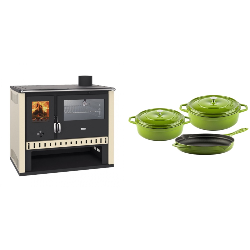 Set Küchenofen / Küchenhexe Prity GT, mit Edelstahlbackofen, Leistung 15 kW + Gusseisen Topf Set aus 3 teilen Solagio, Bamboo | Kaminofen - Holzofen mit Backfach | Kaminofen |
