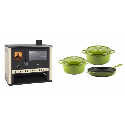 Set Küchenofen / Küchenhexe Prity GT, mit Edelstahlbackofen, Leistung 15 kW + Gusseisen Topf Set aus 3 teilen Solagio, Bamboo - Kaminofen - Holzofen mit Backfach