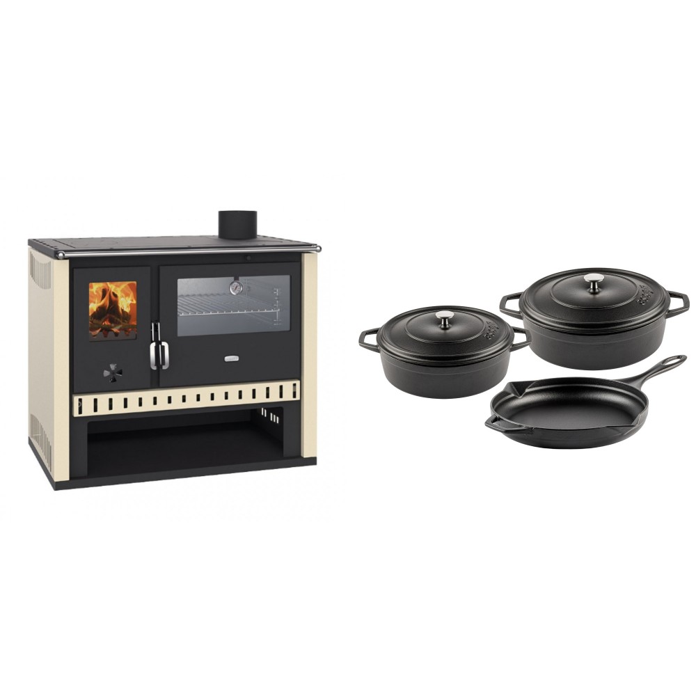 Set Küchenofen / Küchenhexe Prity GT, mit Edelstahlbackofen, Leistung 15 kW + Gusseisen Topf Set aus 3 teilen Solagio, Black Onyx | Kaminofen - Holzofen mit Backfach | Kaminofen |
