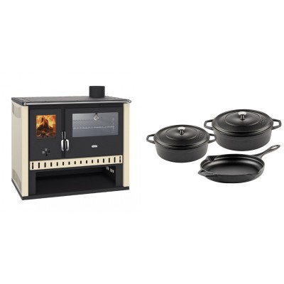 Set Küchenofen / Küchenhexe Prity GT, mit Edelstahlbackofen, Leistung 15 kW + Gusseisen Topf Set aus 3 teilen Solagio, Black Onyx - Kaminofen - Holzofen mit Backfach