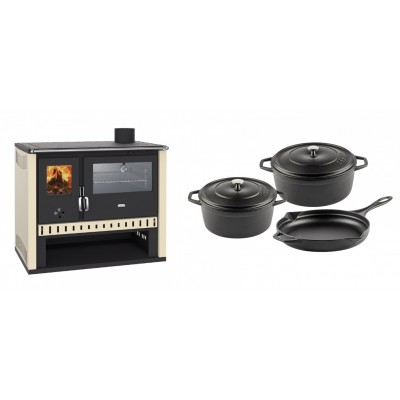 Set Küchenofen / Küchenhexe Prity GT, mit Edelstahlbackofen, Leistung 15 kW + Gusseisen Topf Set aus 3 teilen Solagio, Black Onyx - Kaminofen - Holzofen mit Backfach