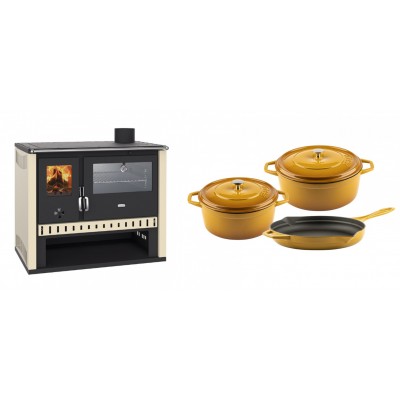 Set Küchenofen / Küchenhexe Prity GT, mit Edelstahlbackofen, Leistung 15 kW + Gusseisen Topf Set aus 3 teilen Solagio, Dijon - Kaminofen - Holzofen mit Backfach