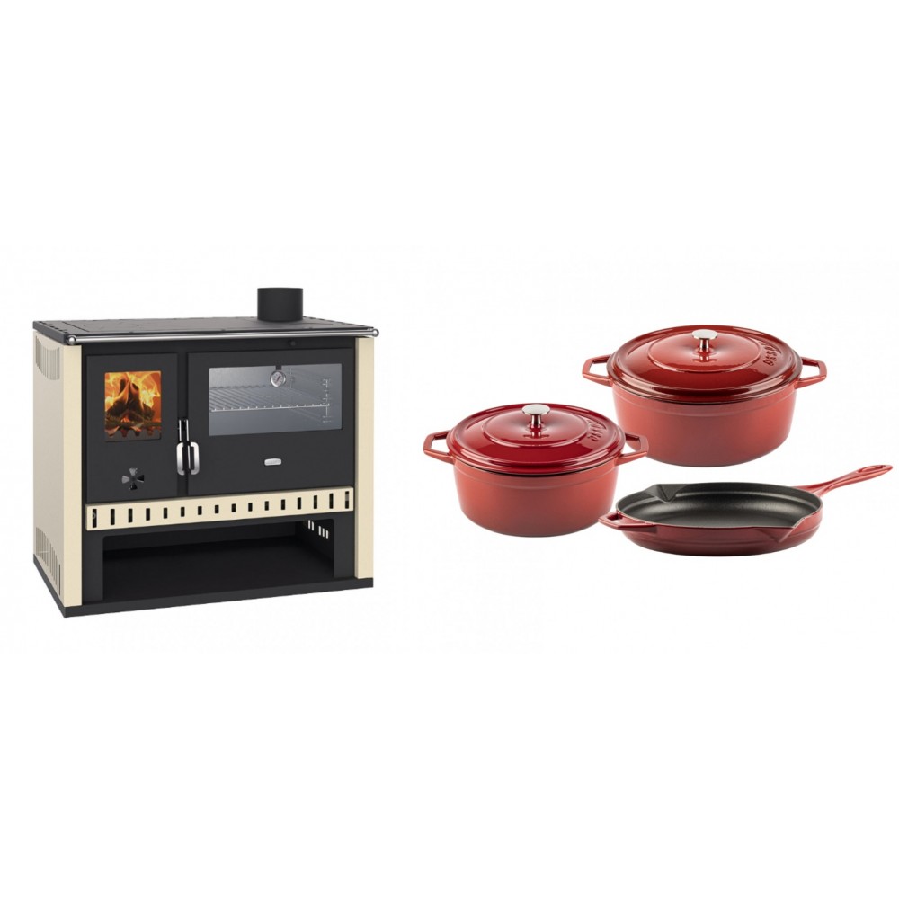Set Küchenofen / Küchenhexe Prity GT, mit Edelstahlbackofen, Leistung 15 kW + Gusseisen Topf Set aus 3 teilen Solagio, Rubin | Kaminofen - Holzofen mit Backfach | Kaminofen |