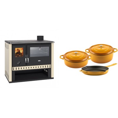 Set Küchenofen / Küchenhexe Prity GT, mit Edelstahlbackofen, Leistung 15 kW + Gusseisen Topf Set aus 3 teilen Solagio, Dijon - Kaminofen - Holzofen mit Backfach