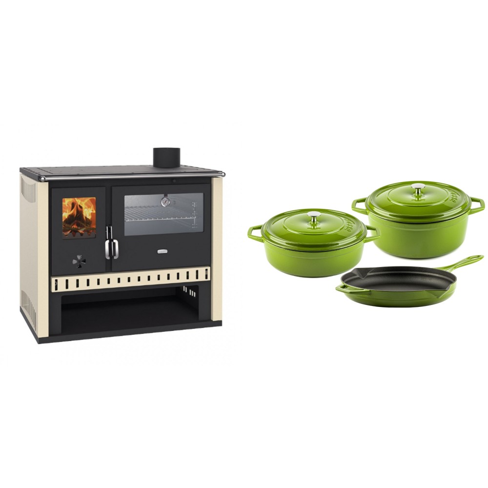 Set Küchenofen / Küchenhexe Prity GT, mit Edelstahlbackofen, Leistung 15 kW + Gusseisen Topf Set aus 3 teilen Solagio, Bamboo