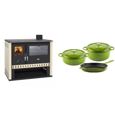Set Küchenofen / Küchenhexe Prity GT, mit Edelstahlbackofen, Leistung 15 kW + Gusseisen Topf Set aus 3 teilen Solagio, Bamboo - Kaminofen - Holzofen mit Backfach