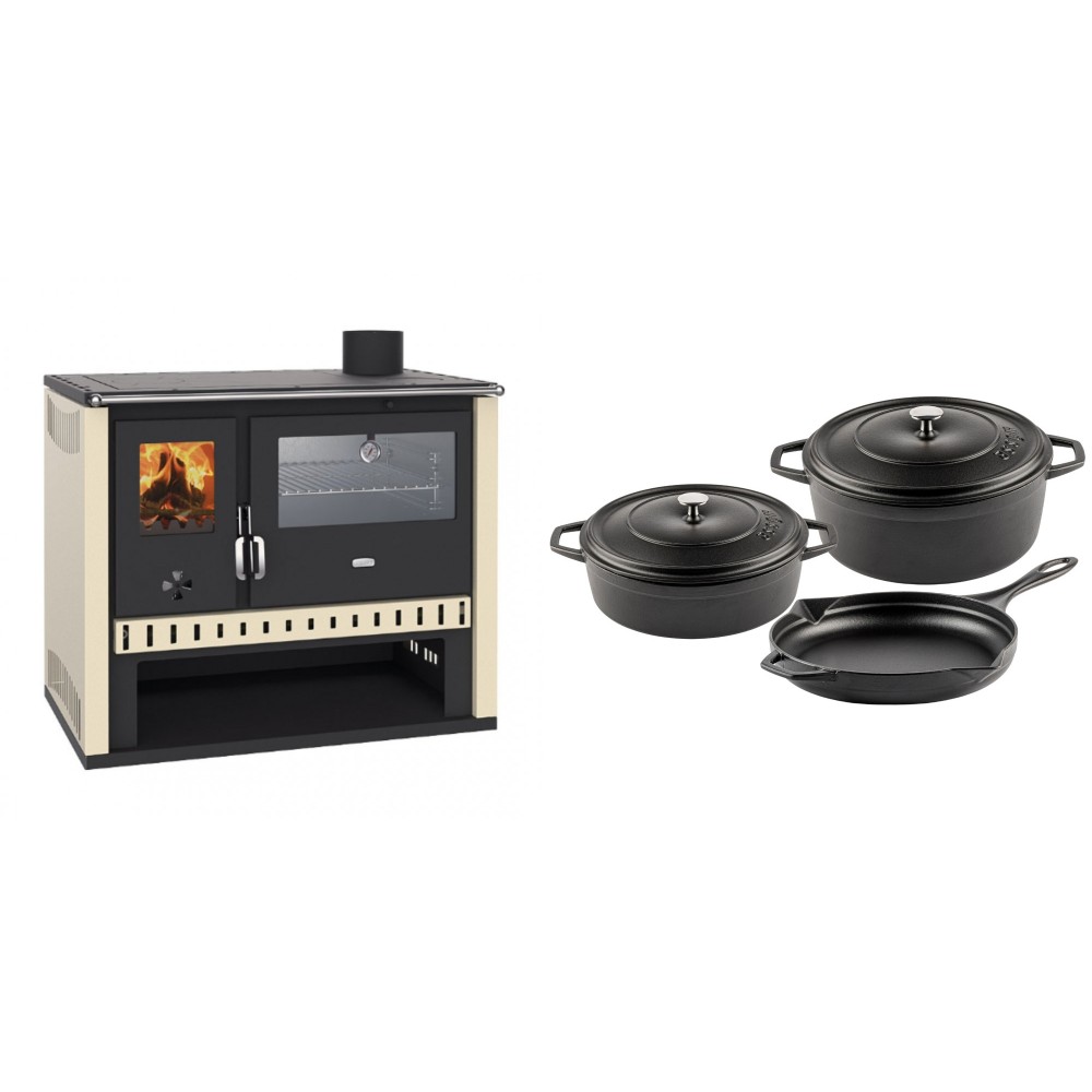 Set Küchenofen / Küchenhexe Prity GT, mit Edelstahlbackofen, Leistung 15 kW + Gusseisen Topf Set aus 3 teilen Solagio, Black Onyx | Kaminofen - Holzofen mit Backfach | Kaminofen |