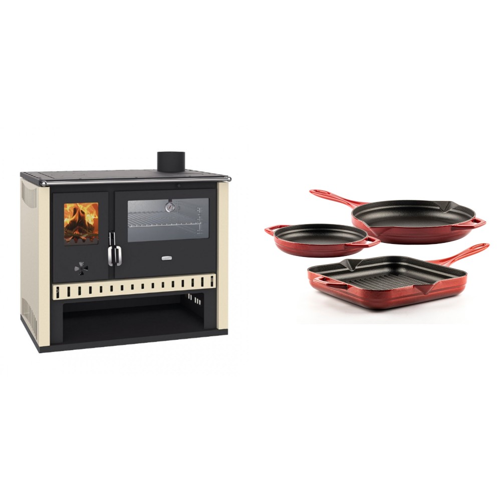 Set Küchenofen / Küchenhexe Prity GT, mit Edelstahlbackofen, Leistung 15 kW + Gusseisen Topf Set aus 3 teilen Solagio, Rubin | Kaminofen - Holzofen mit Backfach | Kaminofen |
