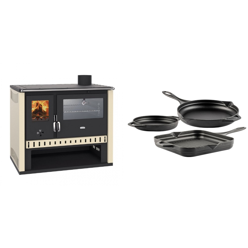 Set Küchenofen / Küchenhexe Prity GT, mit Edelstahlbackofen, Leistung 15 kW + Gusseisen Topf Set aus 3 teilen Solagio, Black Onyx | Kaminofen - Holzofen mit Backfach | Kaminofen |