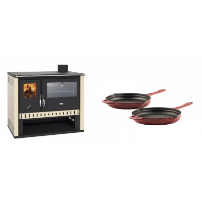 Set Küchenofen / Küchenhexe Prity GT, mit Edelstahlbackofen, Leistung 15 kW + Gusseisen Topf Set aus 2 teilen Solagio, Rubin - Kaminofen - Holzofen mit Backfach