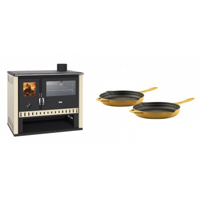 Set Küchenofen / Küchenhexe Prity GT, mit Edelstahlbackofen, Leistung 15 kW + Gusseisen Topf Set aus 2 teilen Solagio, Dijon - Kaminofen - Holzofen mit Backfach