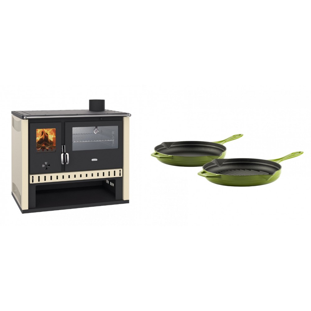 Set Küchenofen / Küchenhexe Prity GT, mit Edelstahlbackofen, Leistung 15 kW + Gusseisen Topf Set aus 2 teilen Solagio, Bamboo | Kaminofen - Holzofen mit Backfach | Kaminofen |
