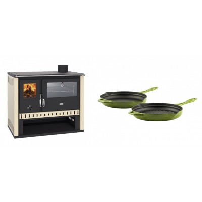 Set Küchenofen / Küchenhexe Prity GT, mit Edelstahlbackofen, Leistung 15 kW + Gusseisen Topf Set aus 2 teilen Solagio, Bamboo - Kaminofen - Holzofen mit Backfach