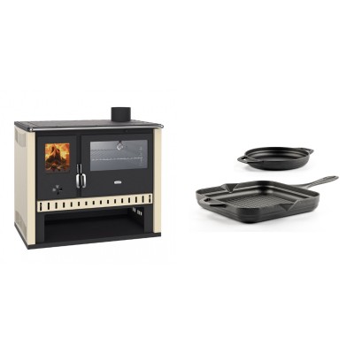 Set Küchenofen / Küchenhexe Prity GT, mit Edelstahlbackofen, Leistung 15 kW + Gusseisen Topf Set aus 2 teilen Solagio, Black Onyx - Kaminofen - Holzofen mit Backfach