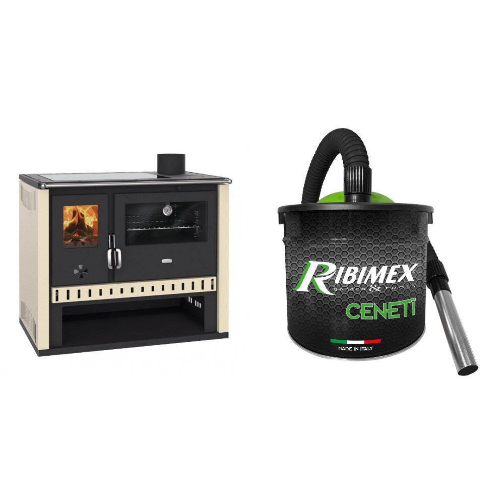 Set Küchenofen / Küchenhexe Prity GT, mit Glaskeramik-Kochfeld, Leistung 15 kW + Elektrischer Aschesauger Ribimex, Modell Cenetì, Fassungsvermögen 15 L | Kaminofen - Holzofen mit Backfach | Prity |