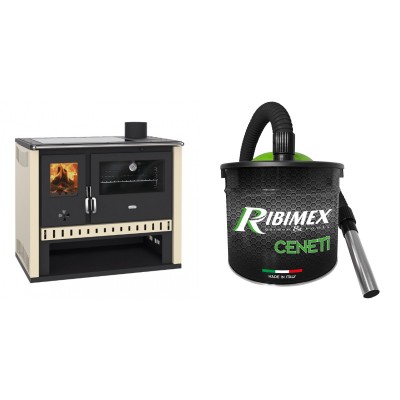 Set Küchenofen / Küchenhexe Prity GT, mit Glaskeramik-Kochfeld, Leistung 15 kW + Elektrischer Aschesauger Ribimex, Modell Cenetì, Fassungsvermögen 15 L - Kaminofen - Holzofen mit Backfach