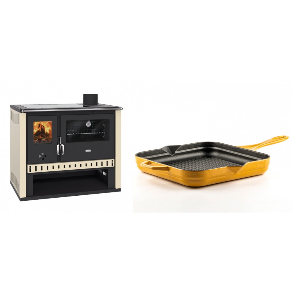 Set Küchenofen / Küchenhexe Prity GT, mit Glaskeramik-Kochfeld, Leistung 15 kW + Emaillierte grillpfanne Gusseisen Solagio, Dijon, 28х28cm | Kaminofen - Holzofen mit Backfach | Kaminofen |