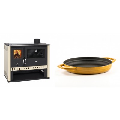 Set Küchenofen / Küchenhexe Prity GT, mit Glaskeramik-Kochfeld, Leistung 15 kW + Emaillierte gusseisenpfanne mit zwei Griffen Solagio, Dijon, Ф22cm - Kaminofen - Holzofen mit Backfach