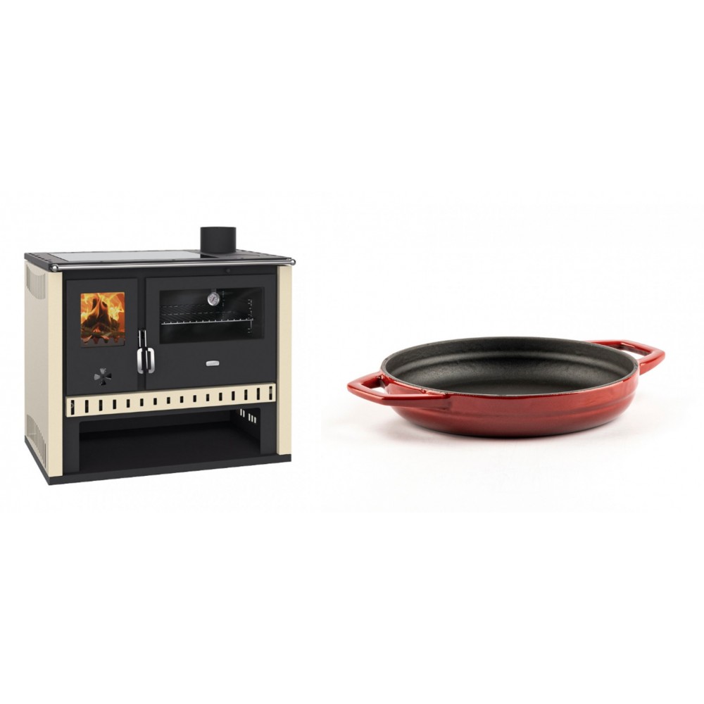 Set Küchenofen / Küchenhexe Prity GT, mit Glaskeramik-Kochfeld, Leistung 15 kW + Emaillierte gusseisenpfanne mit zwei Griffen Solagio, Rubin, Ф19cm | Kaminofen - Holzofen mit Backfach | Kaminofen |