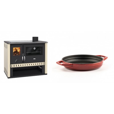 Set Küchenofen / Küchenhexe Prity GT, mit Glaskeramik-Kochfeld, Leistung 15 kW + Emaillierte gusseisenpfanne mit zwei Griffen Solagio, Rubin, Ф19cm - Kaminofen - Holzofen mit Backfach