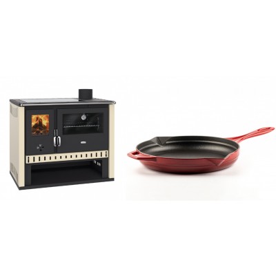 Set Küchenofen / Küchenhexe Prity GT, mit Glaskeramik-Kochfeld, Leistung 15 kW + Emaillierte Gusseisenpfanne Solagio, Rubin, Ф28cm - Kaminofen - Holzofen mit Backfach