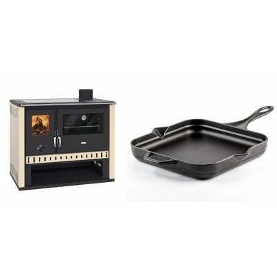 Set Küchenofen / Küchenhexe Prity GT, mit Glaskeramik-Kochfeld, Leistung 15 kW + Emaillierte Gusseisenpfanne Solagio, Black Onyx, 28x28cm - Kaminofen - Holzofen mit Backfach