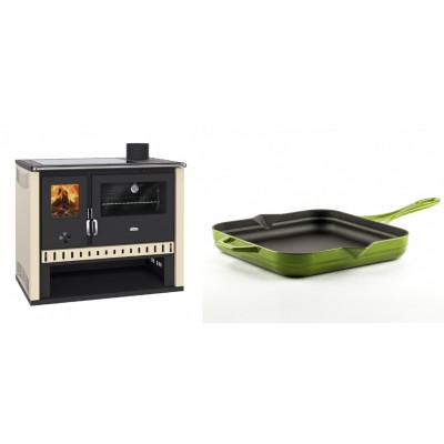 Set Küchenofen / Küchenhexe Prity GT, mit Glaskeramik-Kochfeld, Leistung 15 kW + Emaillierte Gusseisenpfanne Solagio, Bamboo, 28x28cm - Kaminofen - Holzofen mit Backfach