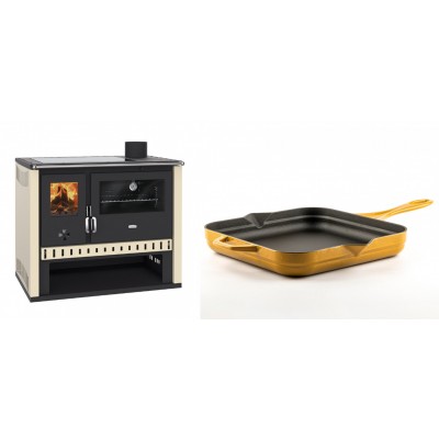 Set Küchenofen / Küchenhexe Prity GT, mit Glaskeramik-Kochfeld, Leistung 15 kW + Emaillierte Gusseisenpfanne Solagio, Dijon, 28x28cm - Kaminofen - Holzofen mit Backfach