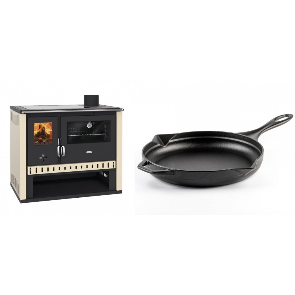 Set Küchenofen / Küchenhexe Prity GT, mit Glaskeramik-Kochfeld, Leistung 15 kW + Emaillierte Gusseisenpfanne Solagio, Black Onyx, Ф28cm | Kaminofen - Holzofen mit Backfach | Kaminofen |