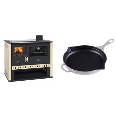 Set Küchenofen / Küchenhexe Prity GT, mit Glaskeramik-Kochfeld, Leistung 15 kW + Emaillierte Gusseisenpfanne Solagio, Ivory, Ф28cm - Kaminofen - Holzofen mit Backfach