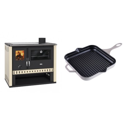 Set Küchenofen / Küchenhexe Prity GT, mit Glaskeramik-Kochfeld, Leistung 15 kW + Emaillierte grillpfanne Gusseisen Solagio, Ivory, 28x28cm - Kaminofen - Holzofen mit Backfach