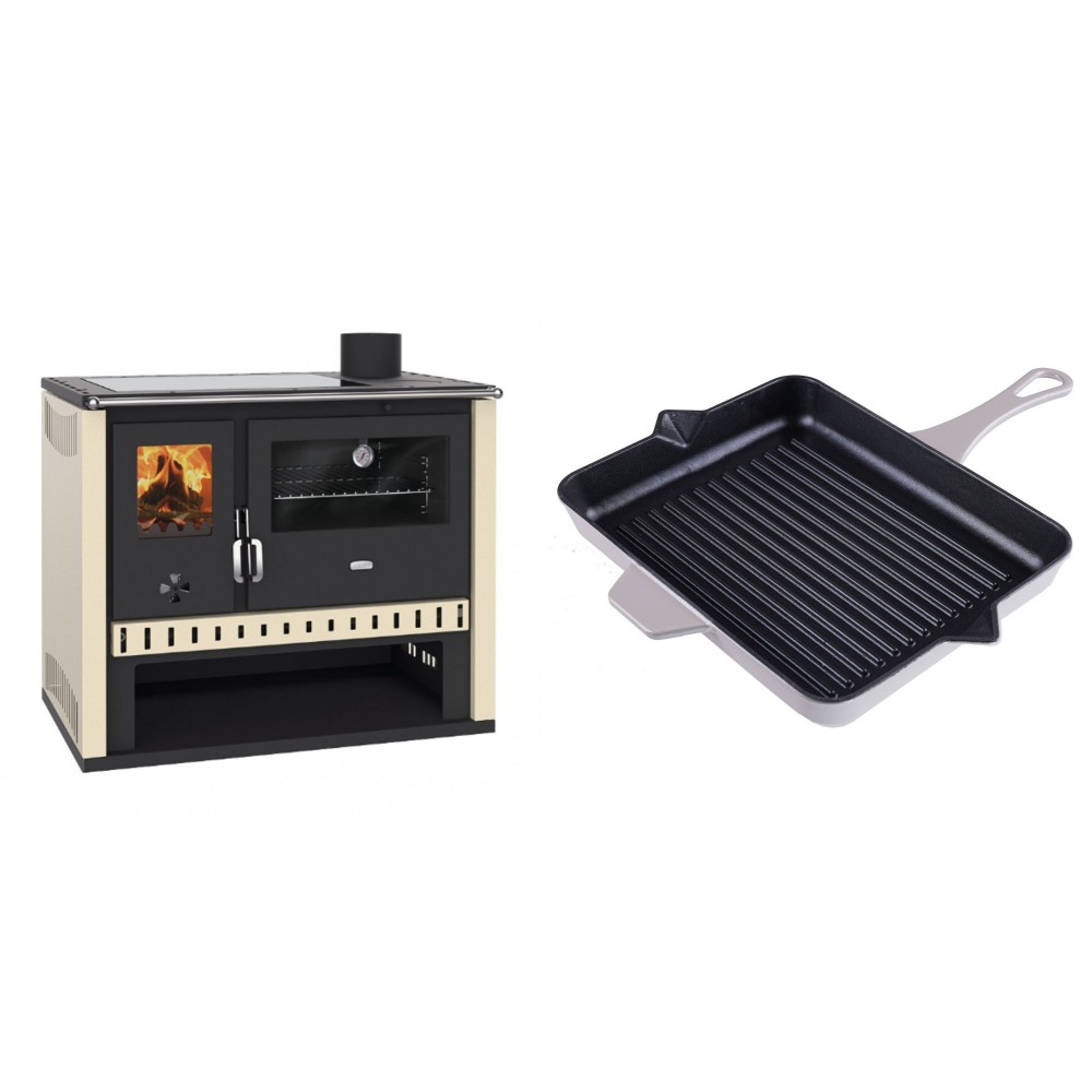 Set Küchenofen / Küchenhexe Prity GT, mit Glaskeramik-Kochfeld, Leistung 15 kW + Emaillierte grillpfanne Gusseisen Solagio, Ivory, 26x32cm