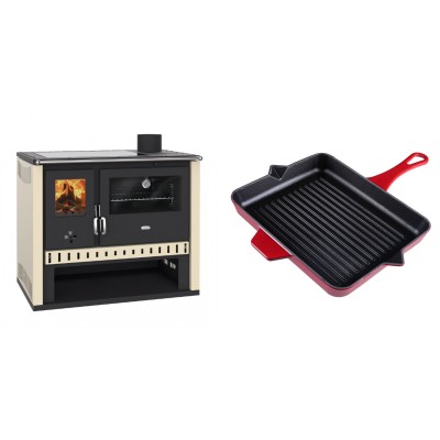 Set Küchenofen / Küchenhexe Prity GT, mit Glaskeramik-Kochfeld, Leistung 15 kW + Emaillierte grillpfanne Gusseisen Solagio, Rubin, 26x32cm - Kaminofen - Holzofen mit Backfach