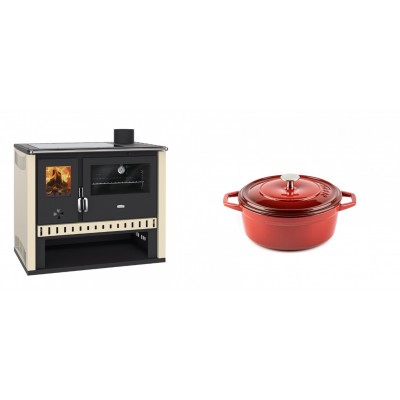 Set Küchenofen / Küchenhexe Prity GT, mit Glaskeramik-Kochfeld, Leistung 15 kW + Gusseisen Topf Tiefer Solagio, Rubin, Ф12 - Kaminofen - Holzofen mit Backfach