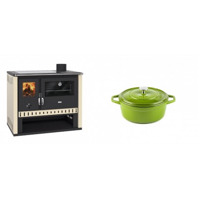 Set Küchenofen / Küchenhexe Prity GT, mit Glaskeramik-Kochfeld, Leistung 15 kW + Gusseisen Topf Tiefer Solagio, Bamboo, Ф12 - Kaminofen - Holzofen mit Backfach