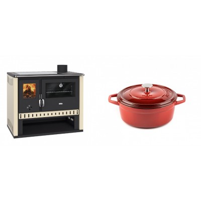 Set Küchenofen / Küchenhexe Prity GT, mit Glaskeramik-Kochfeld, Leistung 15 kW + Gusseisen Topf Tiefer Solagio, Rubin, Ф20 - Kaminofen - Holzofen mit Backfach