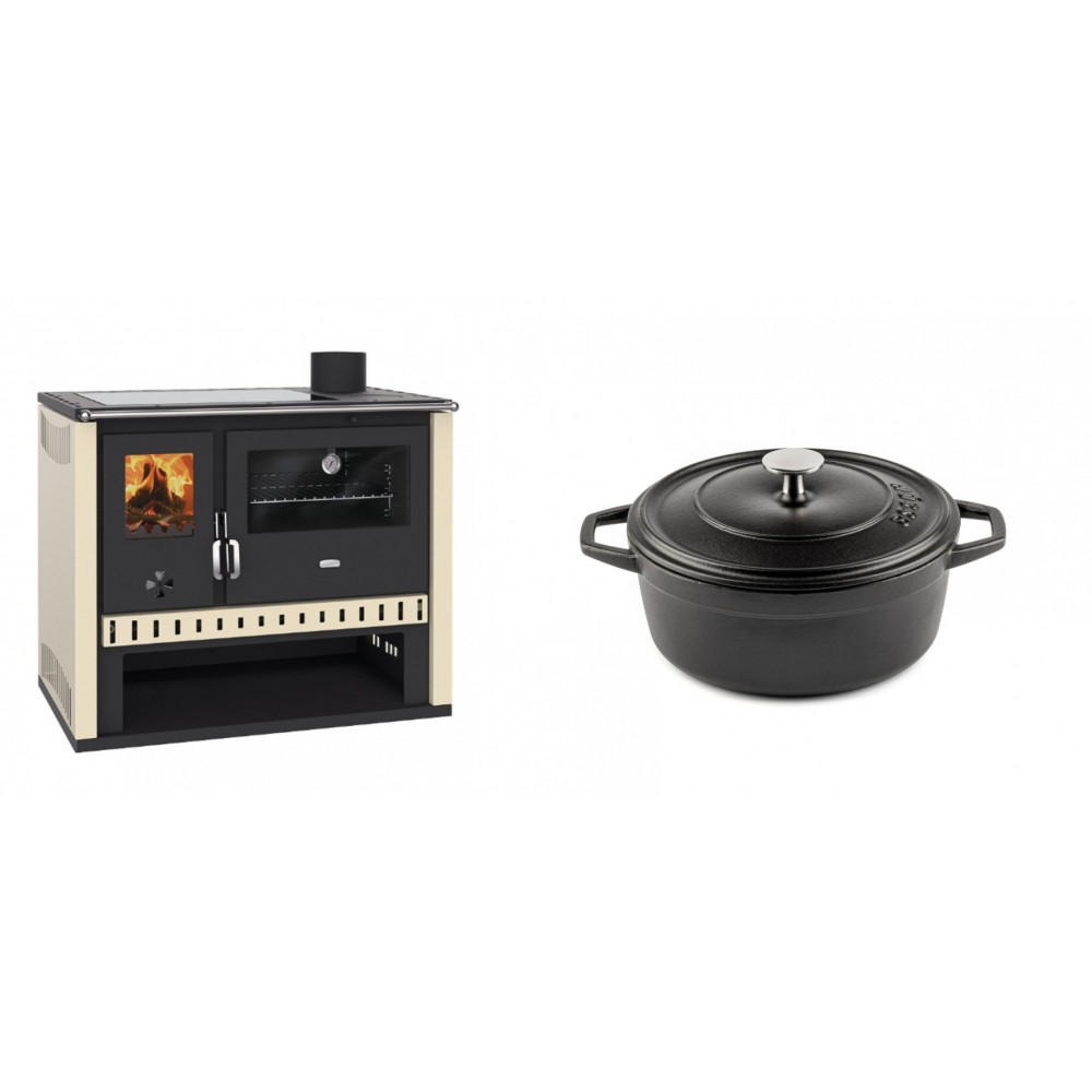 Set Küchenofen / Küchenhexe Prity GT, mit Glaskeramik-Kochfeld, Leistung 15 kW + Gusseisen Topf Tiefer Solagio, Black Onyx, Ф20 | Kaminofen - Holzofen mit Backfach | Kaminofen |