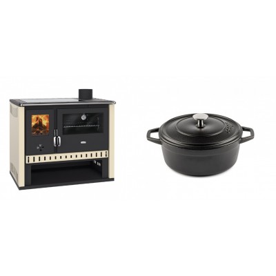 Set Küchenofen / Küchenhexe Prity GT, mit Glaskeramik-Kochfeld, Leistung 15 kW + Gusseisen Topf Tiefer Solagio, Black Onyx, Ф20 - Kaminofen - Holzofen mit Backfach