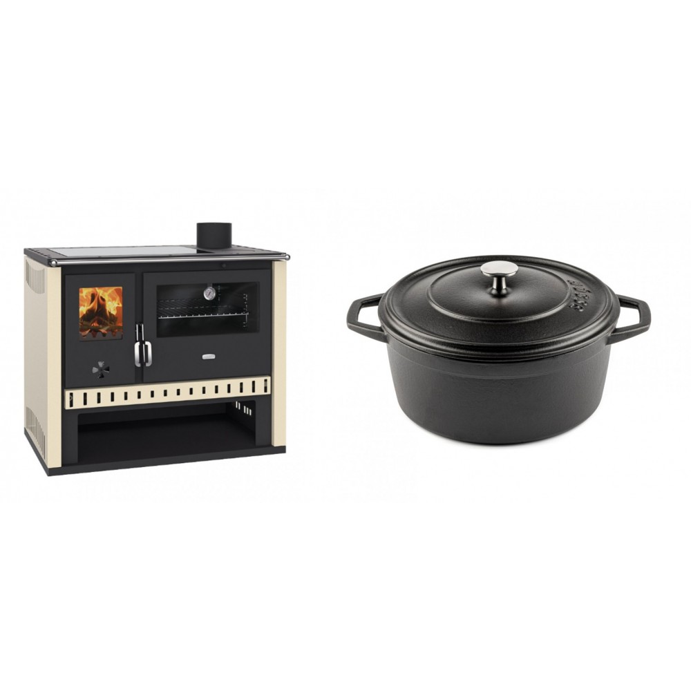 Set Küchenofen / Küchenhexe Prity GT, mit Glaskeramik-Kochfeld, Leistung 15 kW + Gusseisen Topf Tiefer Solagio, Black Onyx, Ф24 | Kaminofen - Holzofen mit Backfach | Kaminofen |